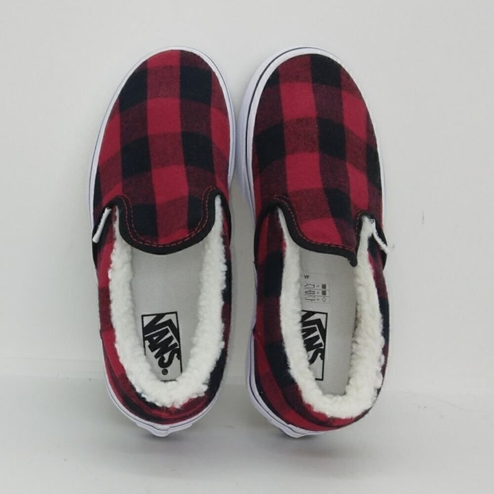 VANS Classic Slip-on Kids NEW w/Tags Red/Black Plaid Sherpa Sneakers - sz. 1 1/2 - Picture 3 of 6